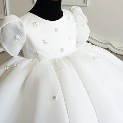 White Puffy Organza Party Dress for Girls – Sequin & Bead Embellished Ball Gown
