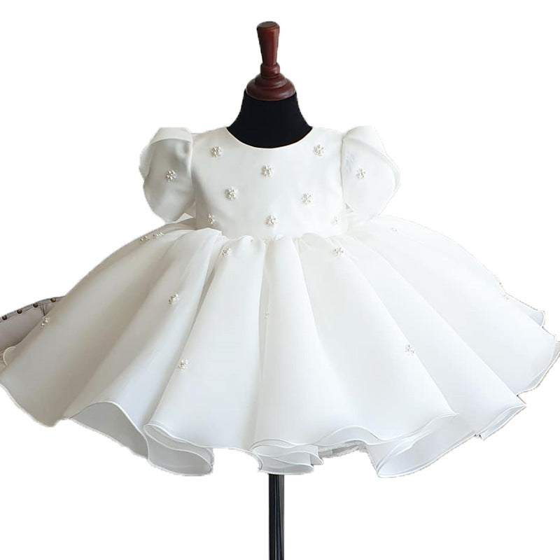 White Puffy Organza Party Dress for Girls – Sequin & Bead Embellished Ball Gown