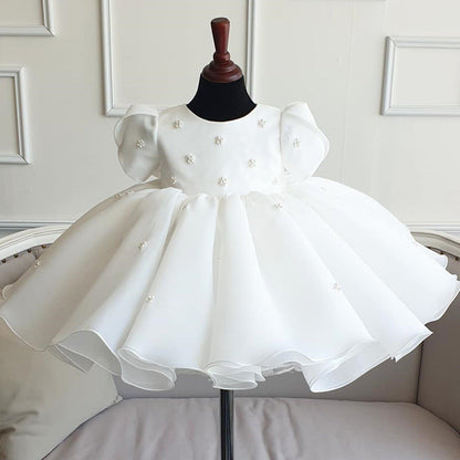 White Puffy Organza Party Dress for Girls – Sequin & Bead Embellished Ball Gown