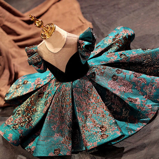 Teal Floral Princess Flower Girl Dress – Satin, Ball Gown, Floral Print