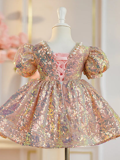 Princess Pink Sequined Bow / Tie Back Baptism Beaded Tea Length Short Sleeve Puff Sleeve V-Neck Flower Girl Dress