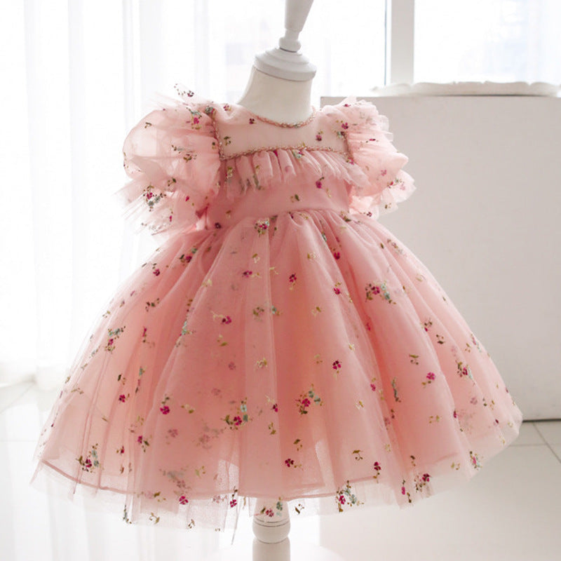 Cute Pink A-line Mesh Toddler Dress – Floral Embroidery Party Gown for Girls