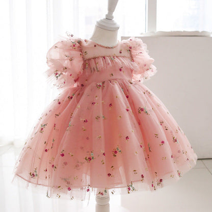 Cute Pink A-line Mesh Toddler Dress – Floral Embroidery Party Gown for Girls