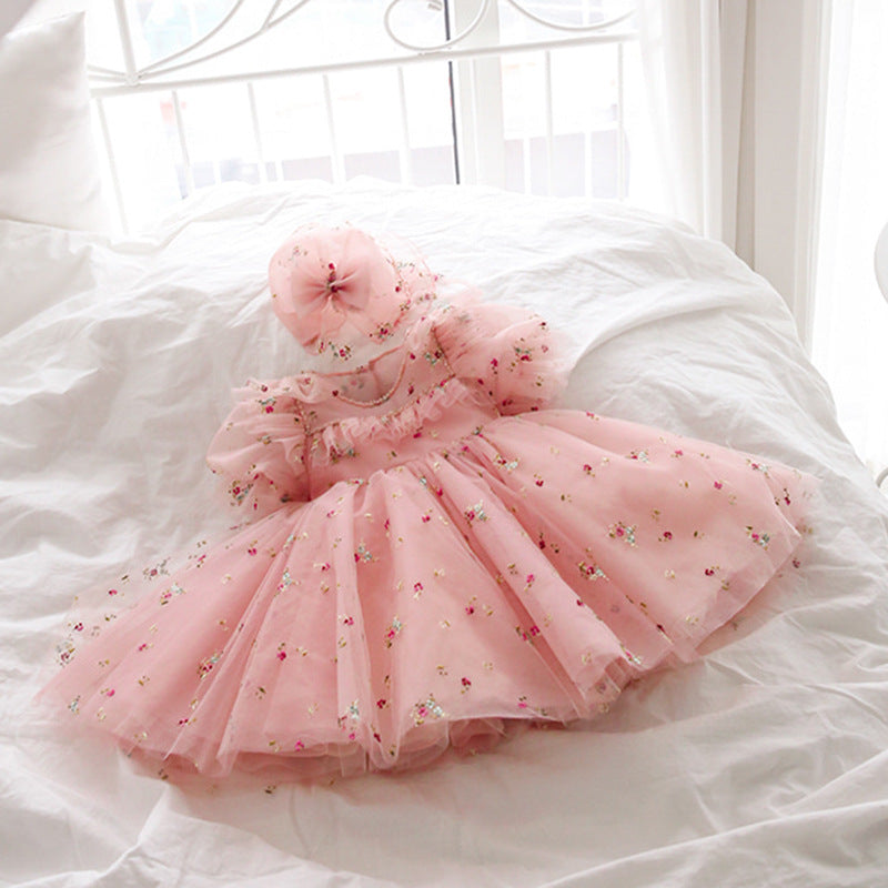 Cute Pink A-line Mesh Toddler Dress – Floral Embroidery Party Gown for Girls