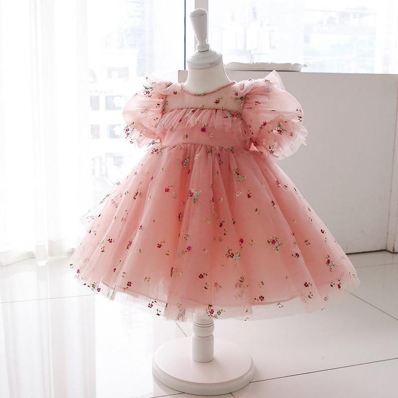 Cute Pink A-line Mesh Toddler Dress – Floral Embroidery Party Gown for Girls