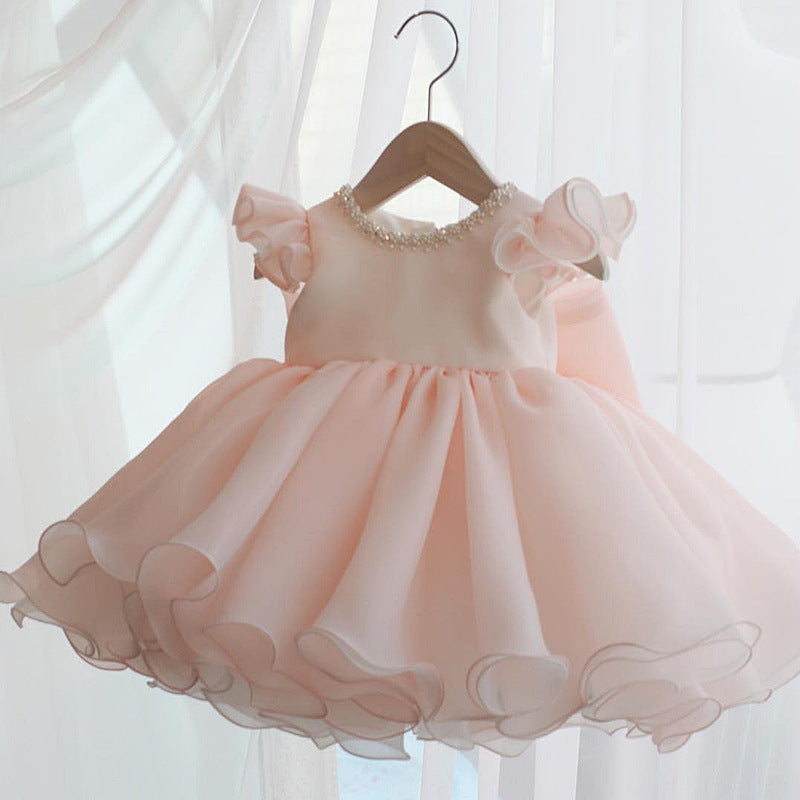 Pink Puffy Toddler Party Princess Dress with Bow & Sequins