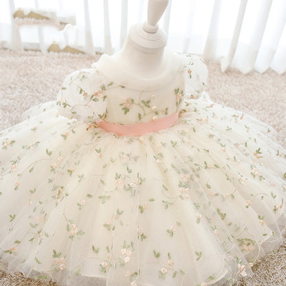 White Puffy Sleeve Ball Gown Tulle Dress for Girls – Princess Embroidered Party Gown