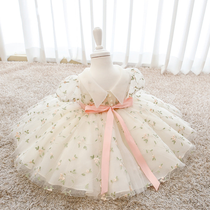 White Puffy Sleeve Ball Gown Tulle Dress for Girls – Princess Embroidered Party Gown