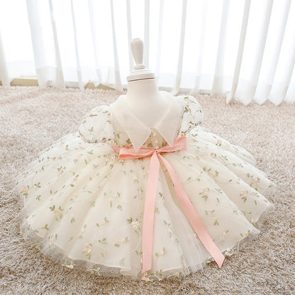 White Puffy Sleeve Ball Gown Tulle Dress for Girls – Princess Embroidered Party Gown