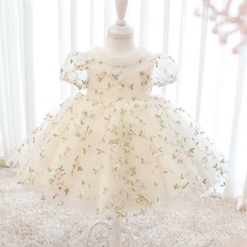 White Puffy Sleeve Ball Gown Tulle Dress for Girls – Princess Embroidered Party Gown