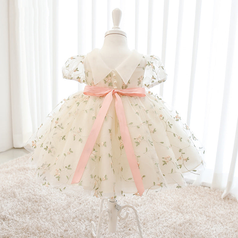 White Puffy Sleeve Ball Gown Tulle Dress for Girls – Princess Embroidered Party Gown