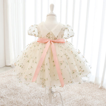 White Puffy Sleeve Ball Gown Tulle Dress for Girls – Princess Embroidered Party Gown