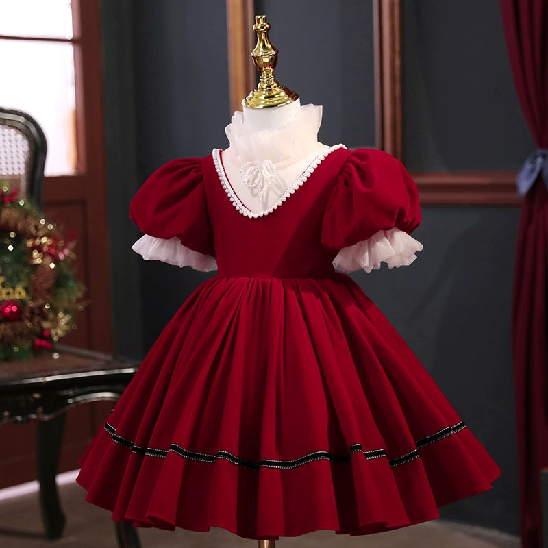 Burgundy Velvet Flower Girl Dress – Princess High Neck Tea Length Ball Gown – FleurKids