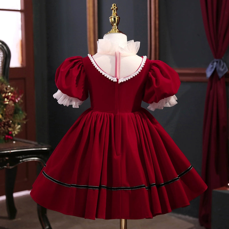 Burgundy Velvet Flower Girl Dress – Princess High Neck Tea Length Ball Gown – FleurKids