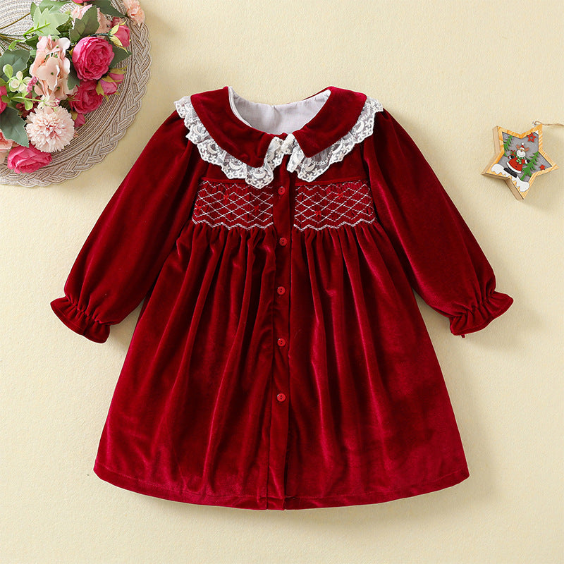 Burgundy Velvet A-Line Dress with Lace for Girls (12M-5Y) – Party & Holiday Outfit