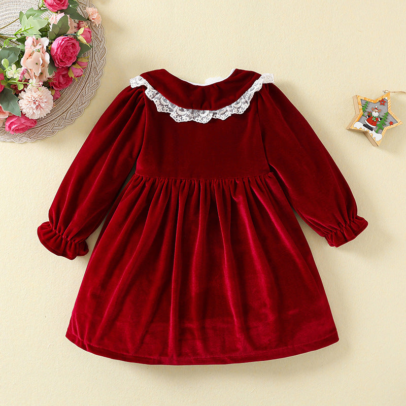 Burgundy Velvet A-Line Dress with Lace for Girls (12M-5Y) Party & Holiday Outfit FleurKids Burgundy Velvet A-Line Dress with Lace for Girls (12M-5Y) Party & Holiday Outfit FleurKids