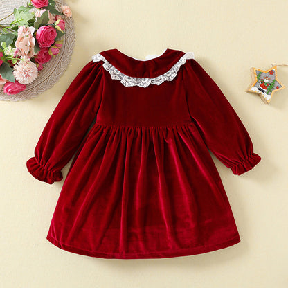 Burgundy Velvet A-Line Dress with Lace for Girls (12M-5Y) – Party & Holiday Outfit