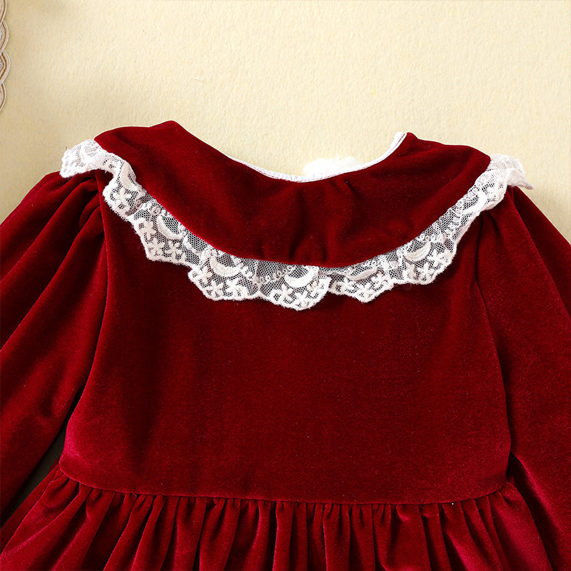 Burgundy Velvet A-Line Dress with Lace for Girls (12M-5Y) – Party & Holiday Outfit