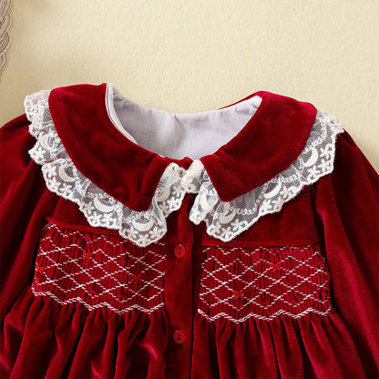 Burgundy Velvet A-Line Dress with Lace for Girls (12M-5Y) – Party & Holiday Outfit