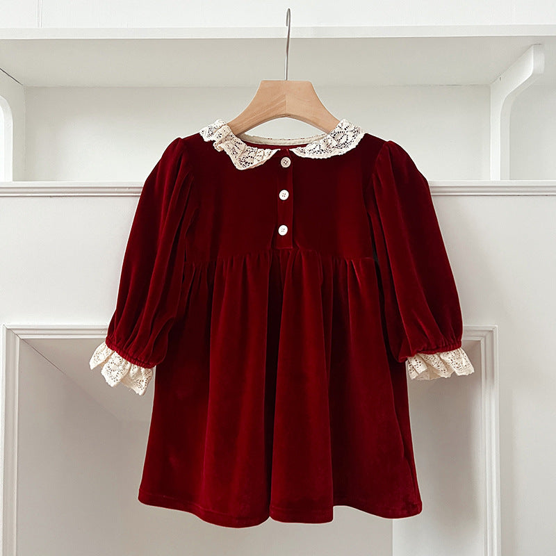 Burgundy Velvet Lace A-Line Dress for Girls | Long Sleeve Princess Party Dress