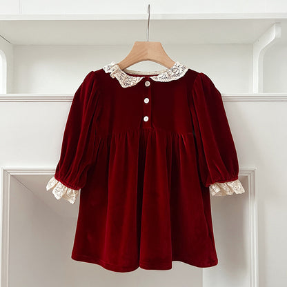Burgundy Velvet Lace A-Line Dress for Girls | Long Sleeve Princess Party Dress