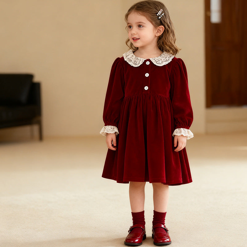 Burgundy Velvet Lace A-Line Dress for Girls | Long Sleeve Princess Party Dress