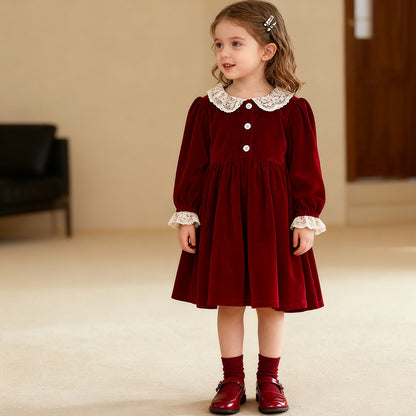 Burgundy Velvet Lace A-Line Dress for Girls | Long Sleeve Princess Party Dress
