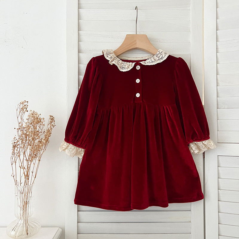 Burgundy Velvet Lace A-Line Dress for Girls | Long Sleeve Princess Party Dress