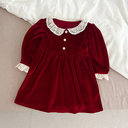 Burgundy Velvet Lace A-Line Dress for Girls | Long Sleeve Princess Party Dress