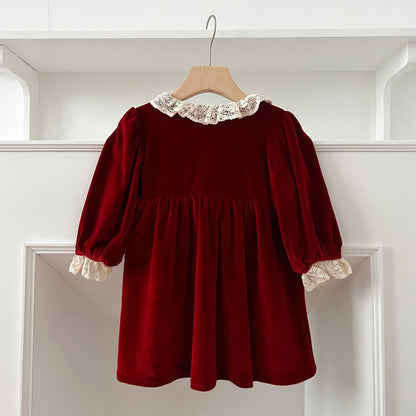 Burgundy Velvet Lace A-Line Dress for Girls | Long Sleeve Princess Party Dress