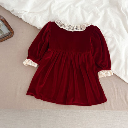 Burgundy Velvet Lace A-Line Dress for Girls | Long Sleeve Princess Party Dress