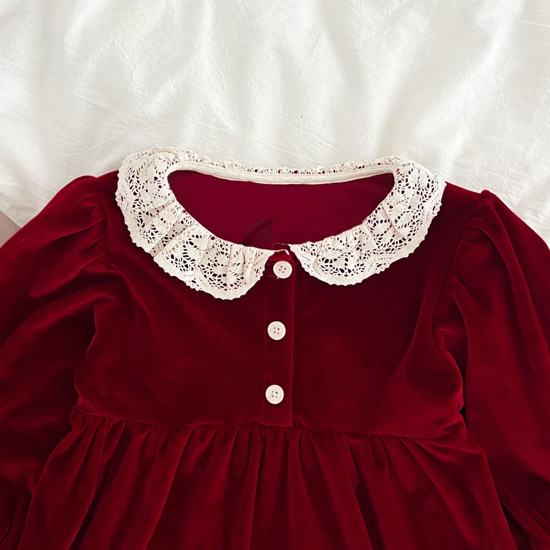 Burgundy Velvet Lace A-Line Dress for Girls | Long Sleeve Princess Party Dress