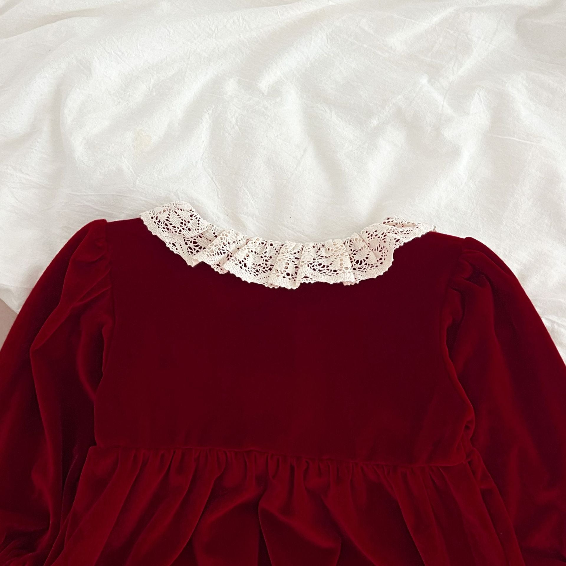 Burgundy Velvet Lace A-Line Dress for Girls | Long Sleeve Princess Party Dress