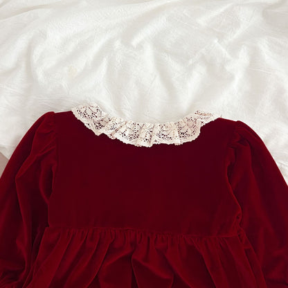 Burgundy Velvet Lace A-Line Dress for Girls | Long Sleeve Princess Party Dress