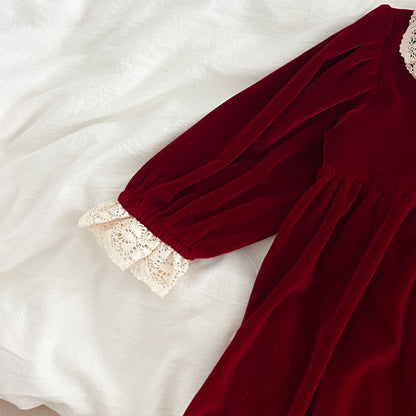 Burgundy Velvet Lace A-Line Dress for Girls | Long Sleeve Princess Party Dress
