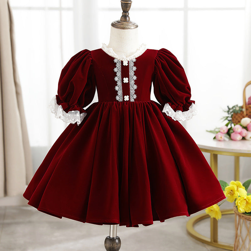 Velvet Red Princess Dress for Girls – Fairy Style Tea Length Lace Gown
