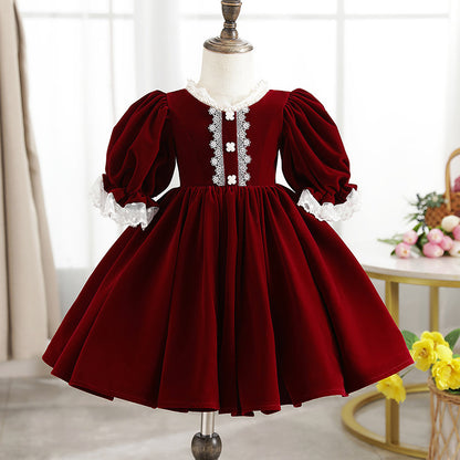 Velvet Red Princess Dress for Girls – Fairy Style Tea Length Lace Gown