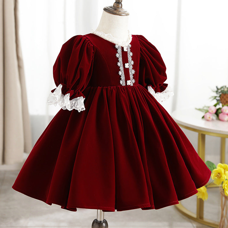 Velvet Red Princess Dress for Girls – Fairy Style Tea Length Lace Gown