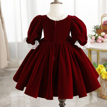 Velvet Red Princess Dress for Girls – Fairy Style Tea Length Lace Gown