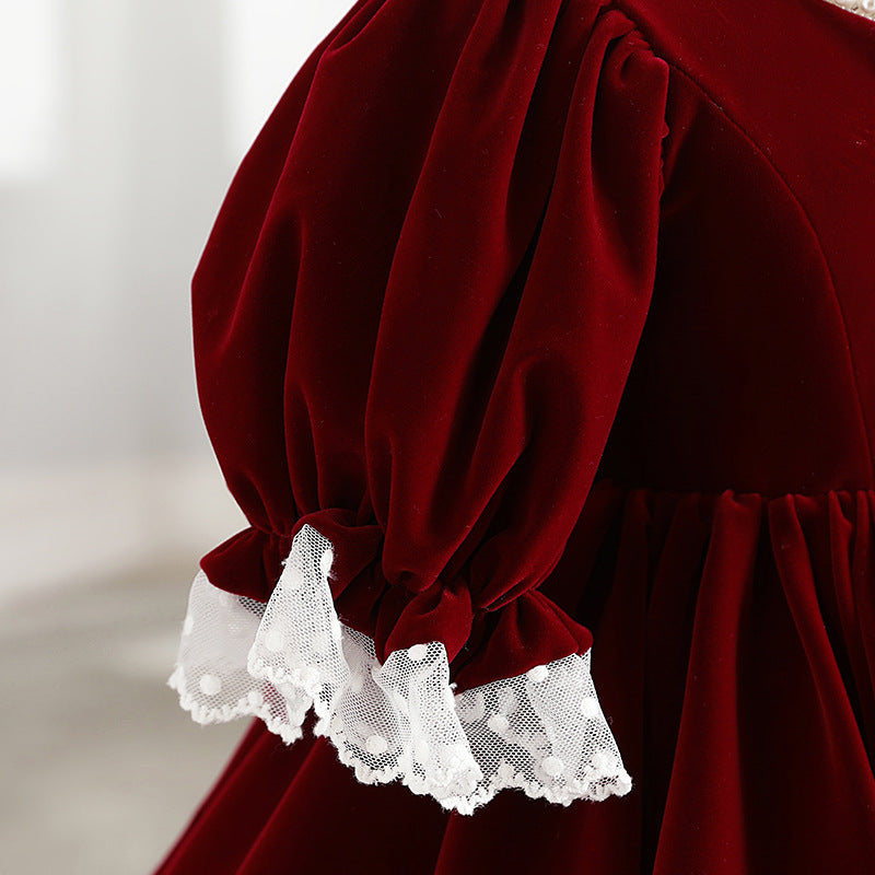 Velvet Red Princess Dress for Girls – Fairy Style Tea Length Lace Gown