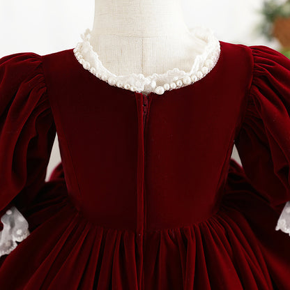 Velvet Red Princess Dress for Girls – Fairy Style Tea Length Lace Gown