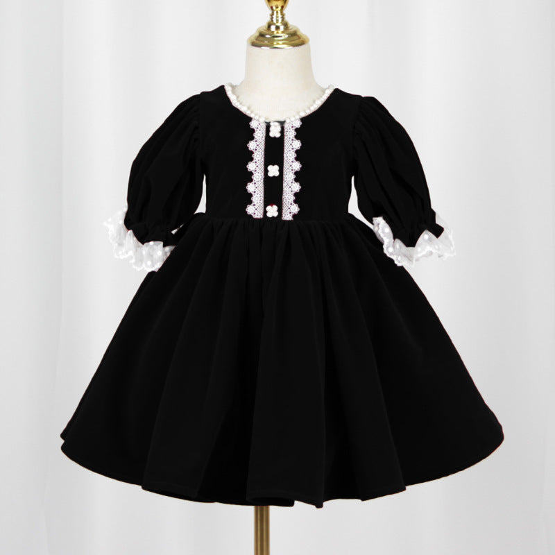 Velvet Red Princess Dress for Girls – Fairy Style Tea Length Lace Gown