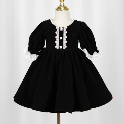 Velvet Red Princess Dress for Girls – Fairy Style Tea Length Lace Gown