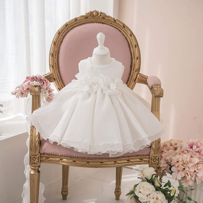 White A-Line Puffy Flower Girl Party Dress for Girls – Tiered Skirt & Fabric Flowers