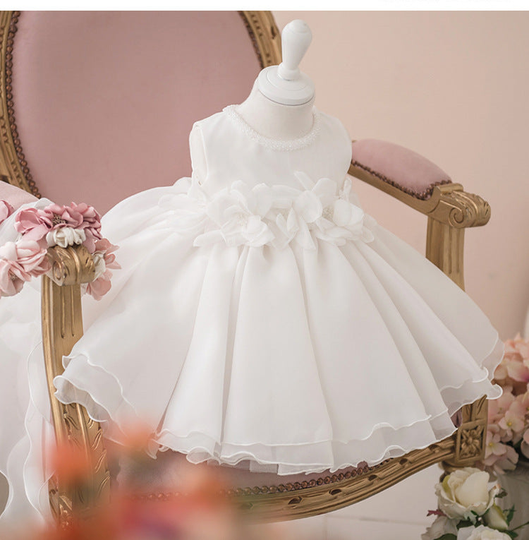 White A-Line Puffy Flower Girl Party Dress for Girls – Tiered Skirt & Fabric Flowers