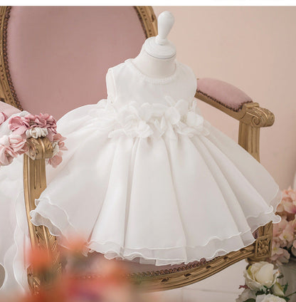 White A-Line Puffy Flower Girl Party Dress for Girls – Tiered Skirt & Fabric Flowers