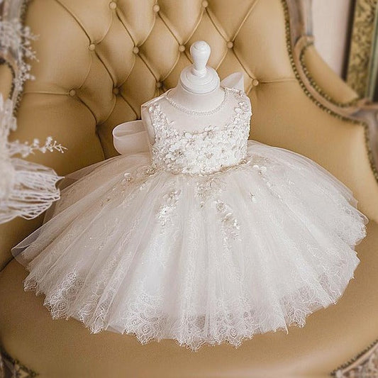 White A-Line Lace Flower Girl Dress for Parties & Weddings – Cute Bow Design