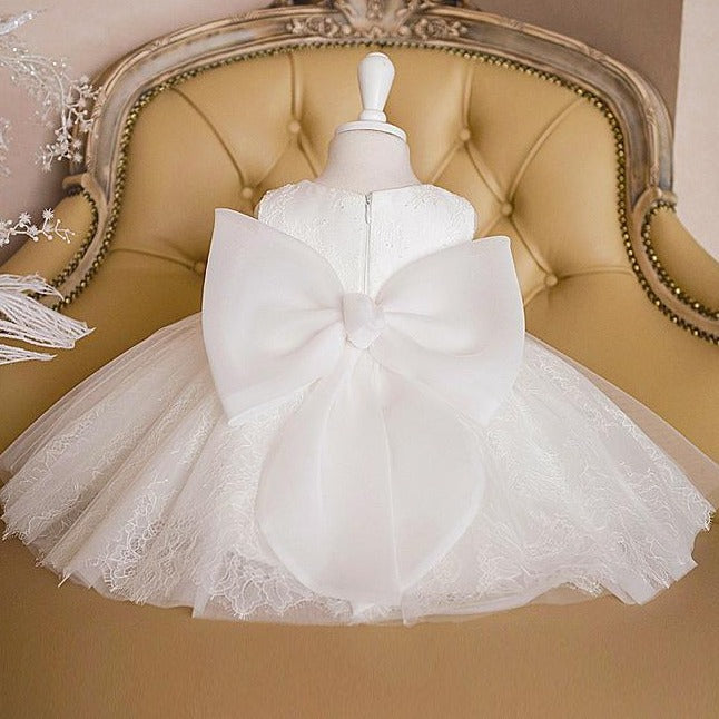 White A-Line Lace Flower Girl Dress for Parties & Weddings – Cute Bow Design