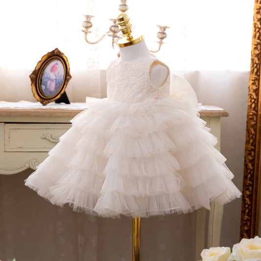 White A-Line Flower Girl Dress with Lace, Bow & Tulle for Weddings, Baptism, Communion