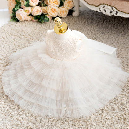 White A-Line Flower Girl Dress with Lace, Bow & Tulle for Weddings, Baptism, Communion